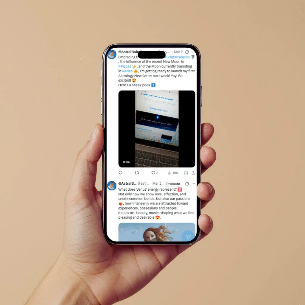 Smartphone mockup containing a screenshot of my X (Ex Twitter) account about Astrology.