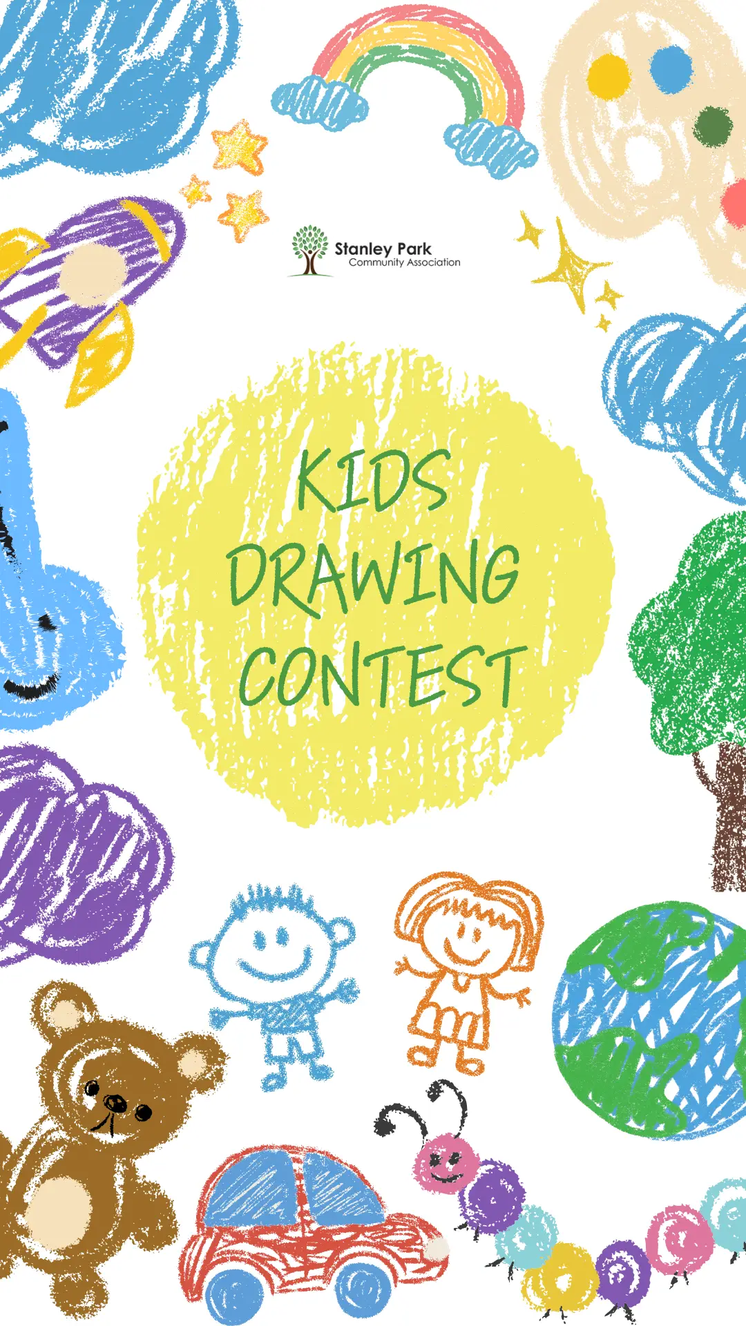 Drawing Contest design with childlike, crayon‑style, colorful illustrations.