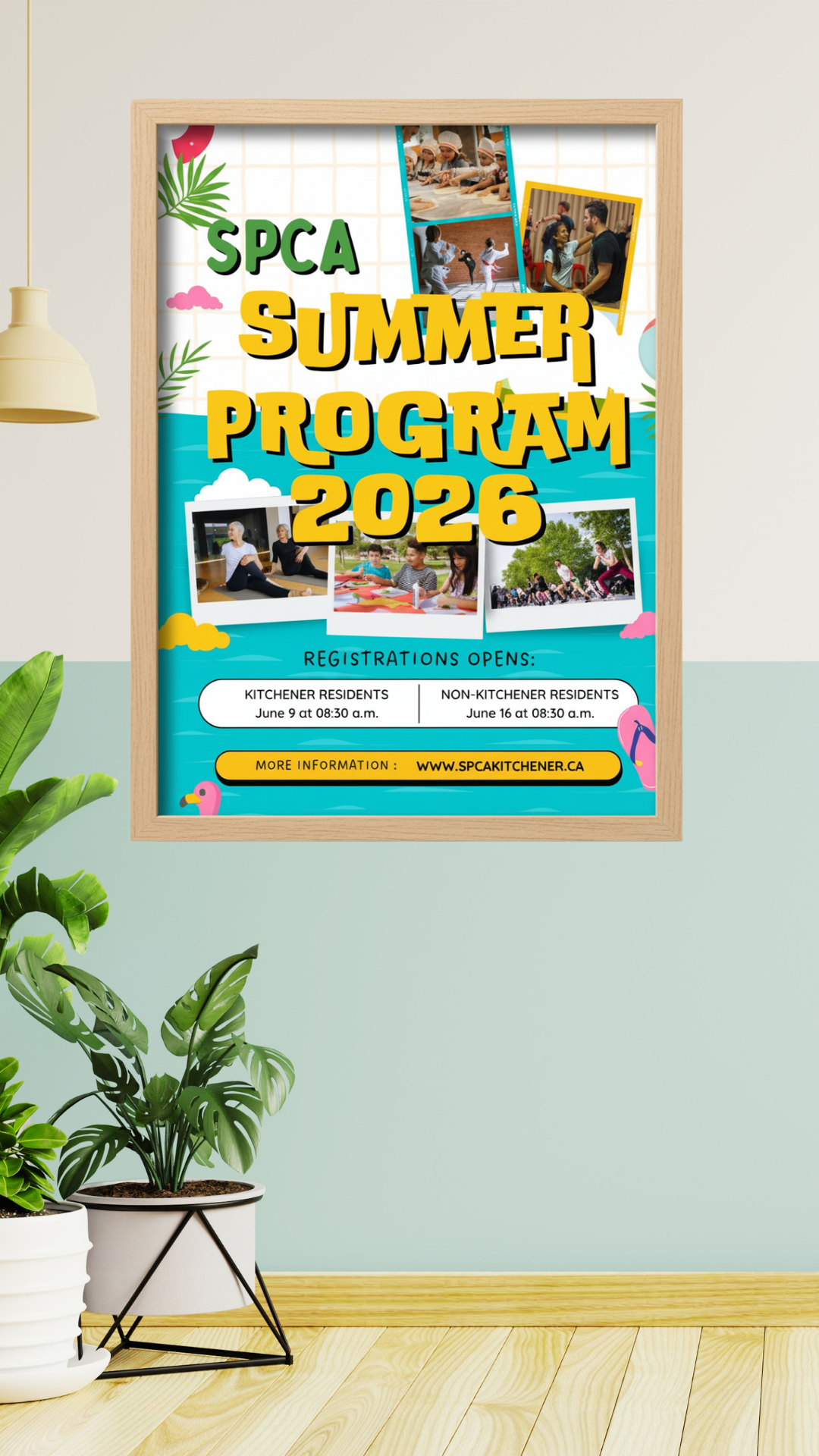 Mockup of a framed poster on a wall showcasing a summer program graphic design piece created for a community organization.