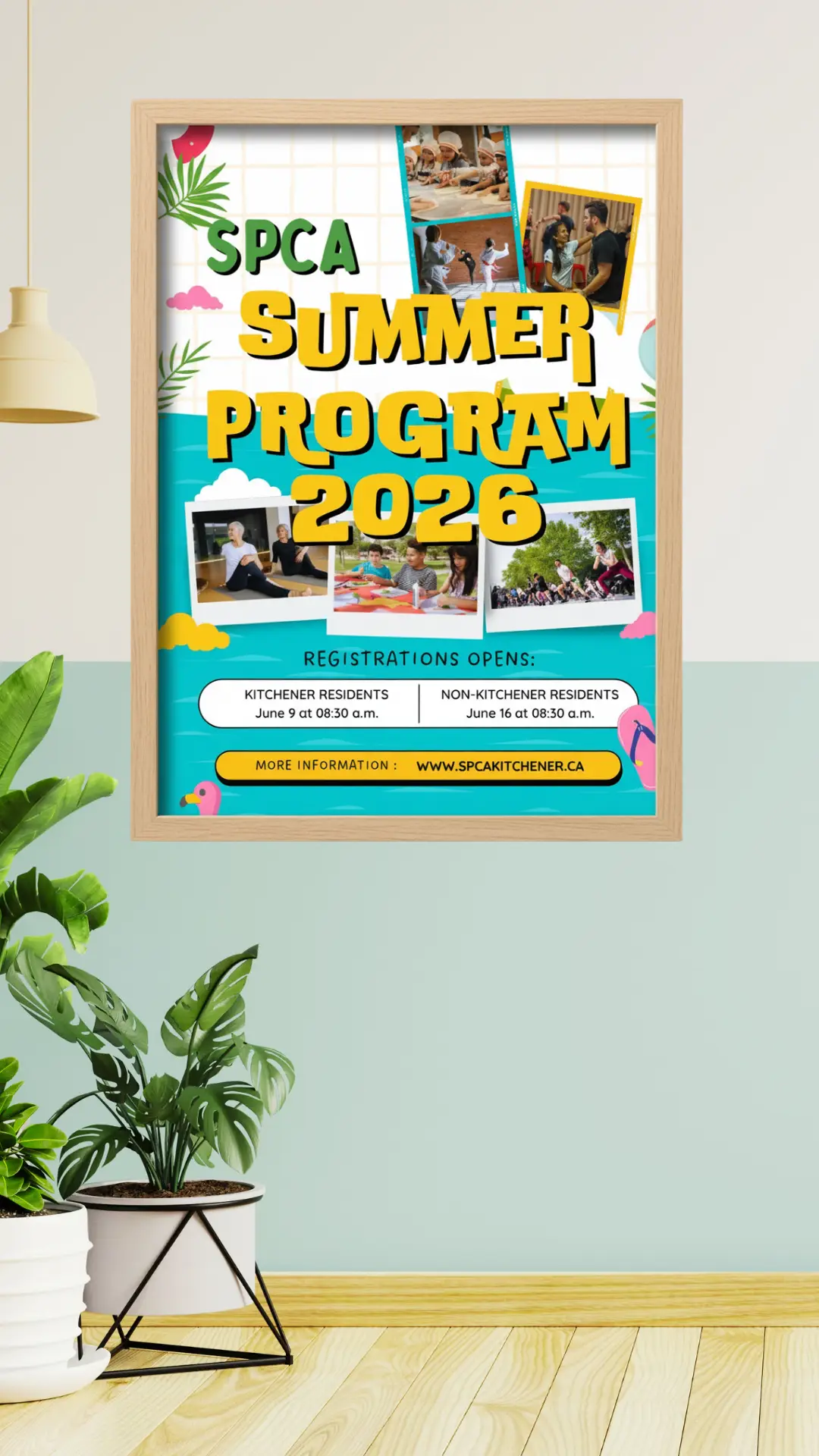 Mockup of a framed poster on a wall showcasing a summer program graphic design piece created for a community organization.